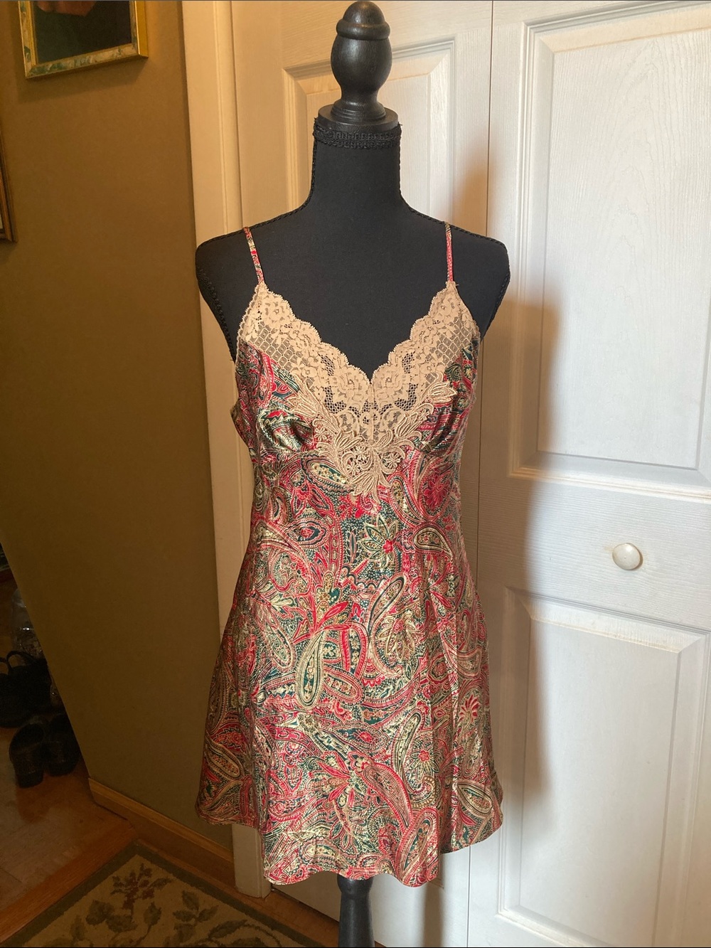 Lace-Trim Paisley Satin Chemise Slip - Red, Green and ivory